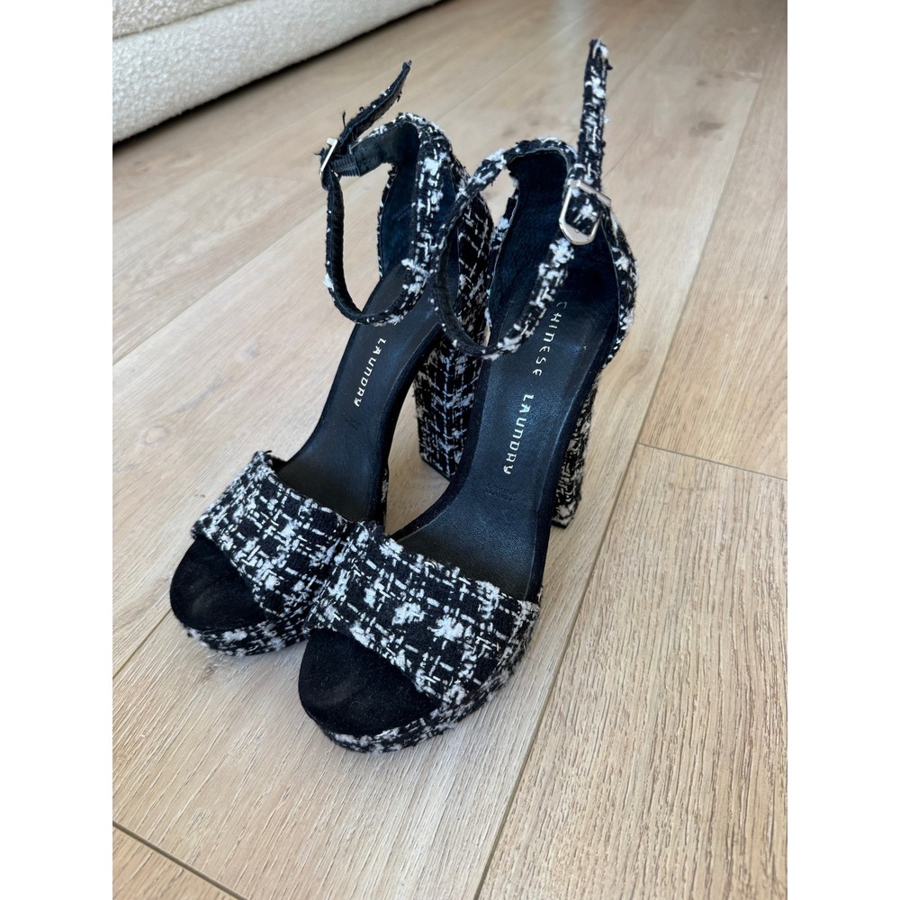 Chinese Laundry Black White Tweed Platform Ankle Strap Block Heel Sandals US 7.5